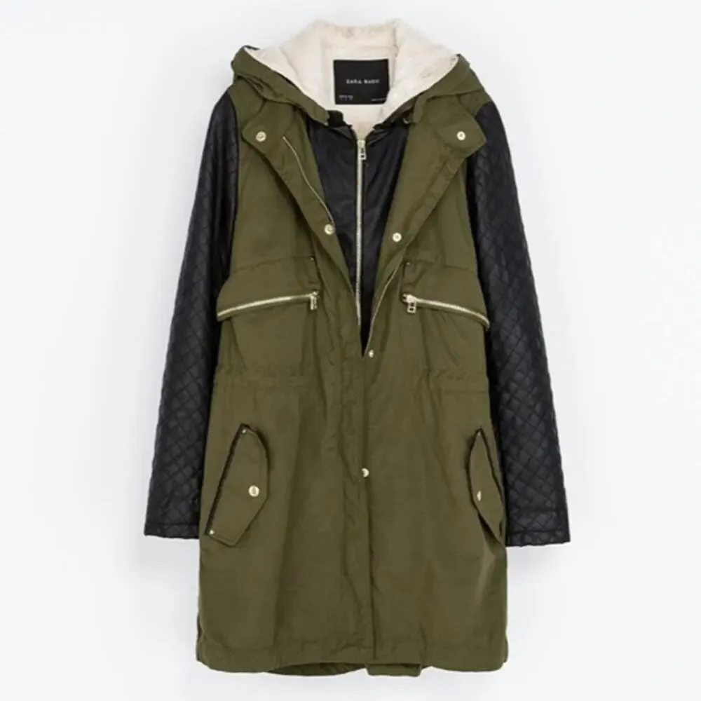 ZARA Jacket Faux Fur Lined Jacket Leather Sleeve Full Zip Hooded Green Black XS